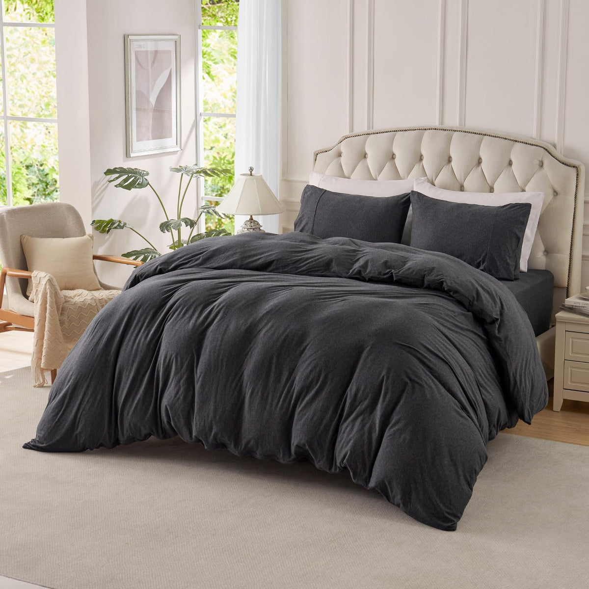 PURE ERA Jersey Knit Duvet Cover Set 100% T-Shirt Cotton Super Soft Comfy 3pc Bedding Set with Zipper Closure (Heather Beige, Queen)