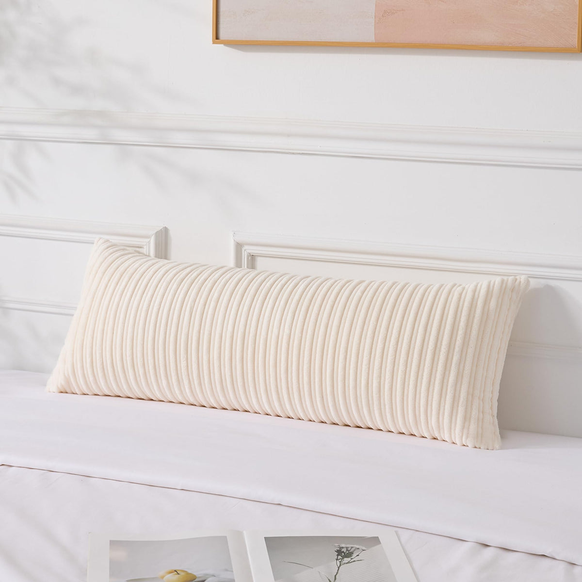 UGASA Velvet 12x20 Inch Lumbar Soft Throw Pillow Cover Boho Farmhouse Decorative Corduroy Striped Both Sides Solid Rectangular Cushion Case for Couch Bedroom Sofa Home, 1 Piece, Beige