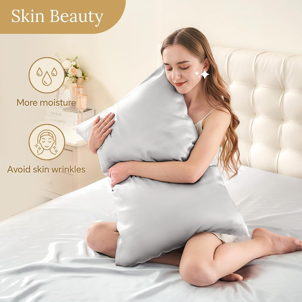 INFIIXSO Silk Pillow Cases 2 Pack, Standard Size, Hidden Zipper, Light Grey
