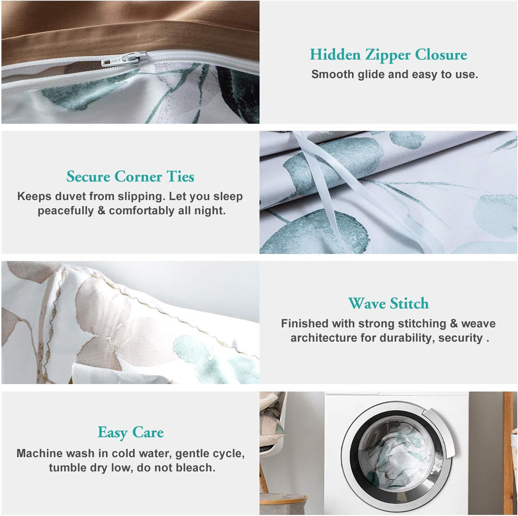 MILDLY White Floral Green Leaves Luxury Duvet Cover Set 3pcs Queen