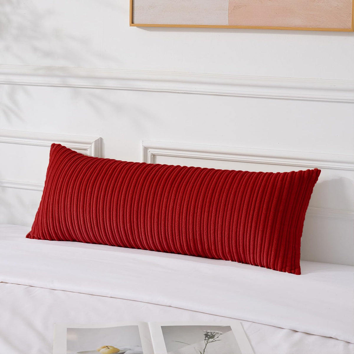UGASA Velvet 12x20 Inch Lumbar Soft Throw Pillow Cover Boho Farmhouse Decorative Corduroy Striped Both Sides Solid Rectangular Cushion Case for Couch Bedroom Sofa Home, 1 Piece, Beige