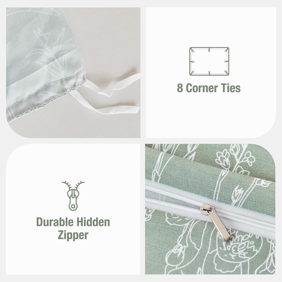 Lekesky Floral Duvet Cover Queen Size 3-Piece, Sage Green