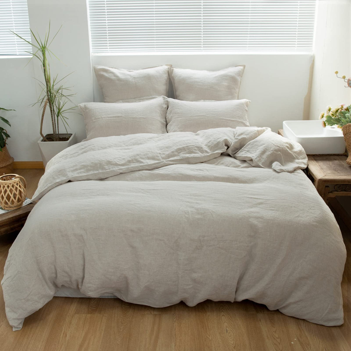 Simple&Opulence 100% Linen Duvet Cover Set 3pcs Basic Style Natural French Washed Flax Solid Color Soft Breathable Farmhouse Bedding with Button Closure - Linen, King
