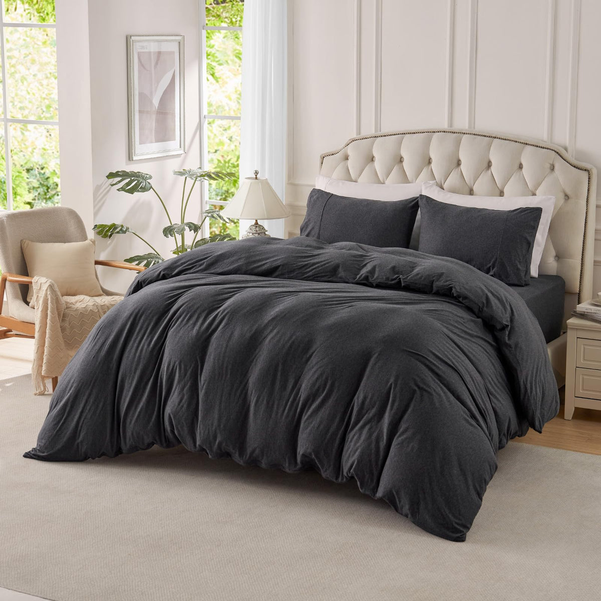 PURE ERA Jersey Knit Duvet Cover Set 100% T-Shirt Cotton Super Soft Comfy 3pc Bedding Set with Zipper Closure (Heather Beige, Queen)