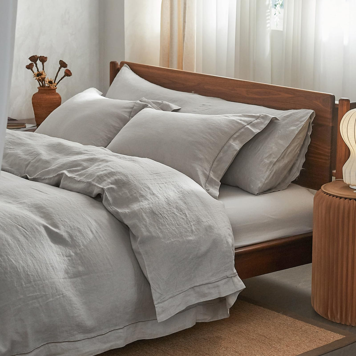 Simple&Opulence 100% French Linen Duvet Cover Set with Embroidered,3 Pcs Washed Soft Farmhouse Bedding Set with Button Closure,1 Comforter Cover and 2 Pillowshams(King,Natural Linen)