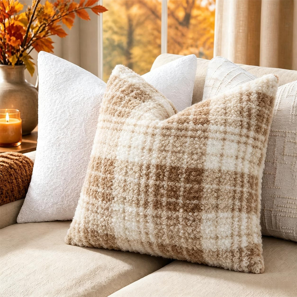 decorUhome Faux Fur Plaid Throw Pillow Covers 20X20 Set of 2 Khaki Brown