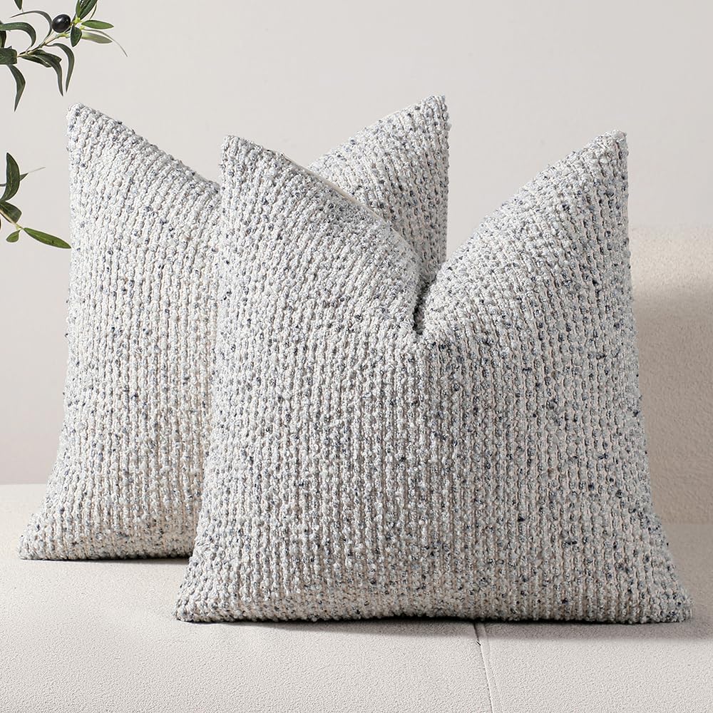 DEZENE Striped Throw Pillow Covers 18x18 Set of 2 Beige Textured Boucle Chic Morden Boho Accent Farmhouse Square Decorative Couch Pillow Covers for Home Decor Bed Sofa Living Room