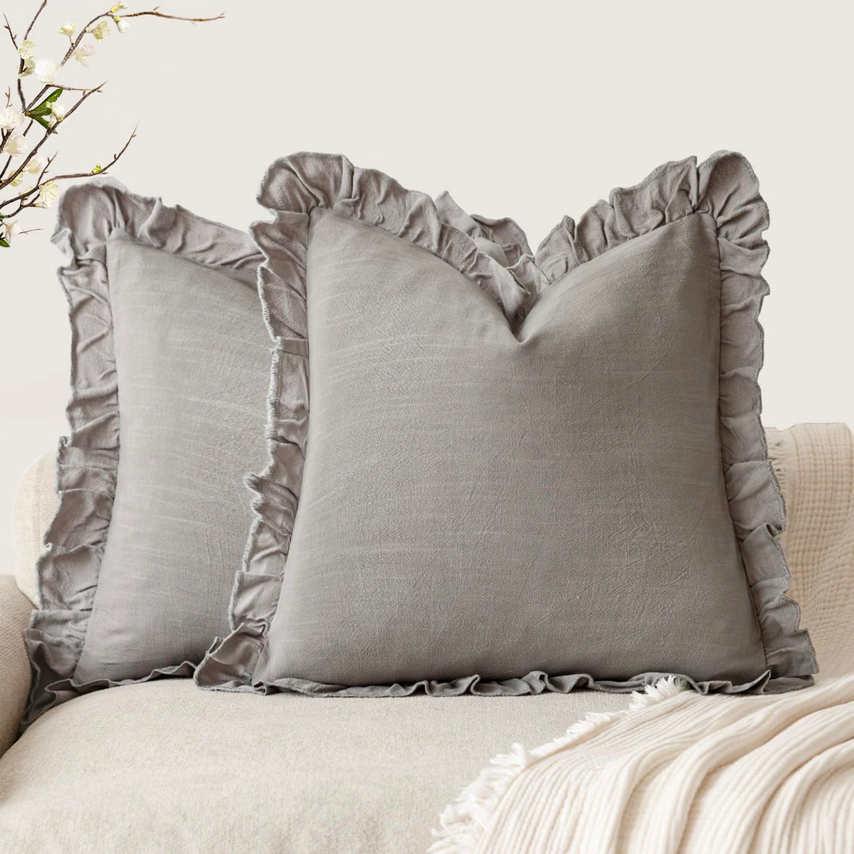 Foindtower Set of 2 Decorative Soild Fringe Ruffle Throw Pillow Covers Soft Boho Farmhouse Cushion Cover Cozy Accent Retro Pillowcase for Couch Sofa Bed Living Room Home Decor,18×18 Inch,Natural Beige