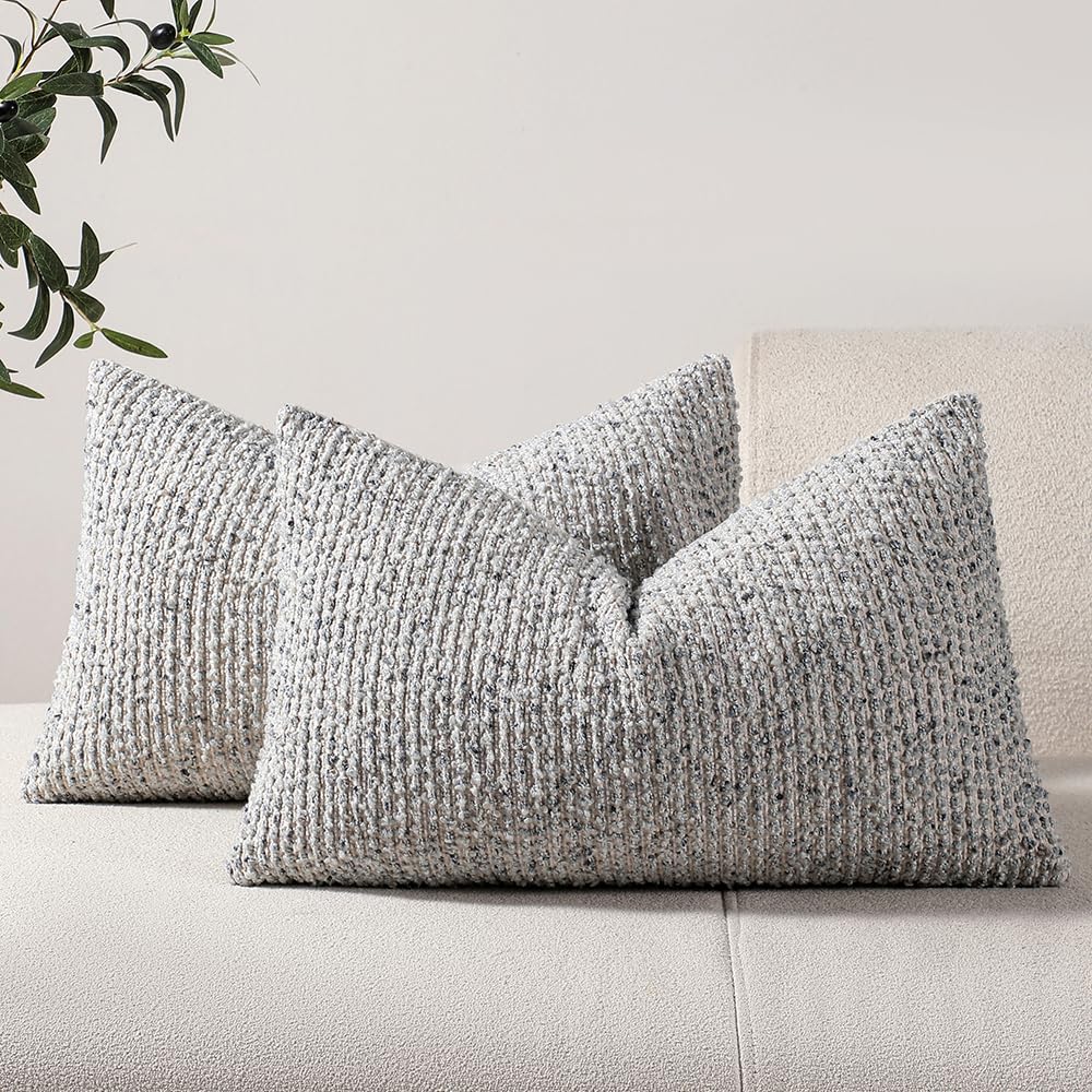 DEZENE Striped Throw Pillow Covers 18x18 Set of 2 Beige Textured Boucle Chic Morden Boho Accent Farmhouse Square Decorative Couch Pillow Covers for Home Decor Bed Sofa Living Room