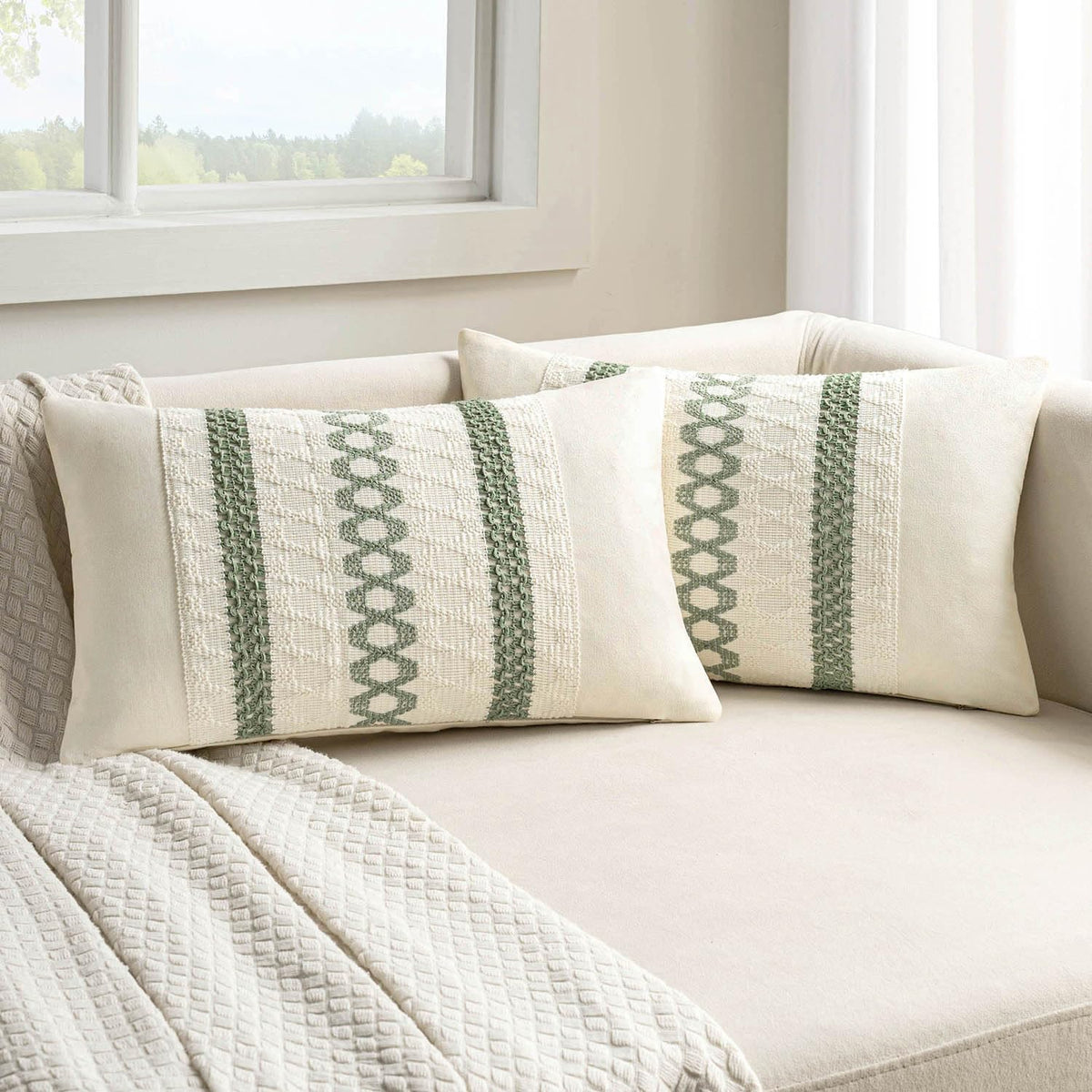 MIULEE Set of 2 Sage Green Boho Decorative Lumbar Pillow Covers 12x20 Inch