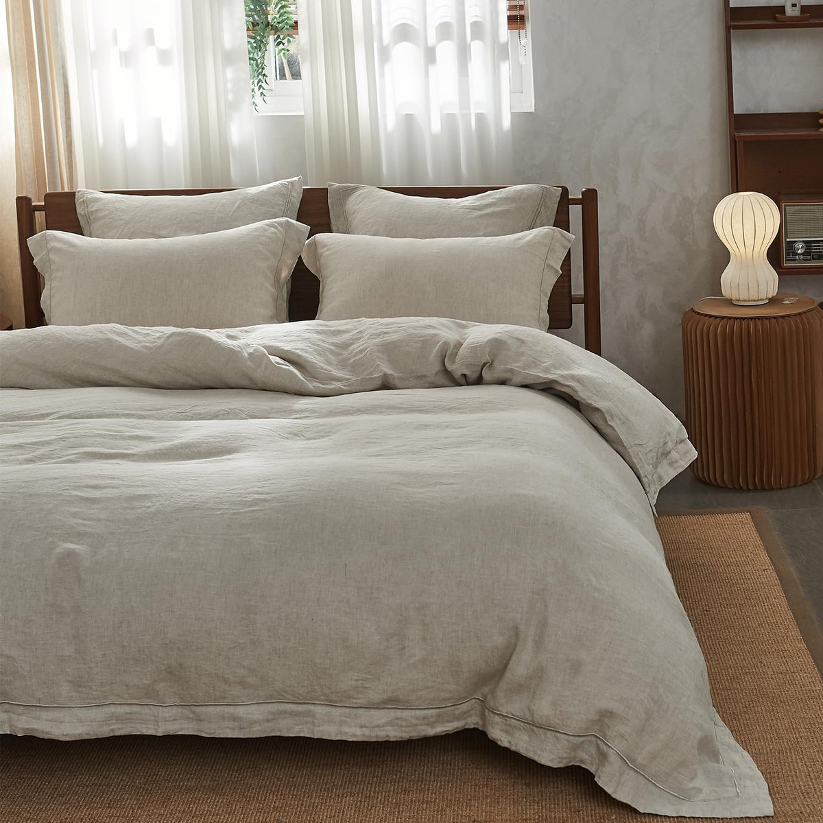 Simple&Opulence 100% French Linen Duvet Cover Set with Embroidered,3 Pcs Washed Soft Farmhouse Bedding Set with Button Closure,1 Comforter Cover and 2 Pillowshams(King,Natural Linen)
