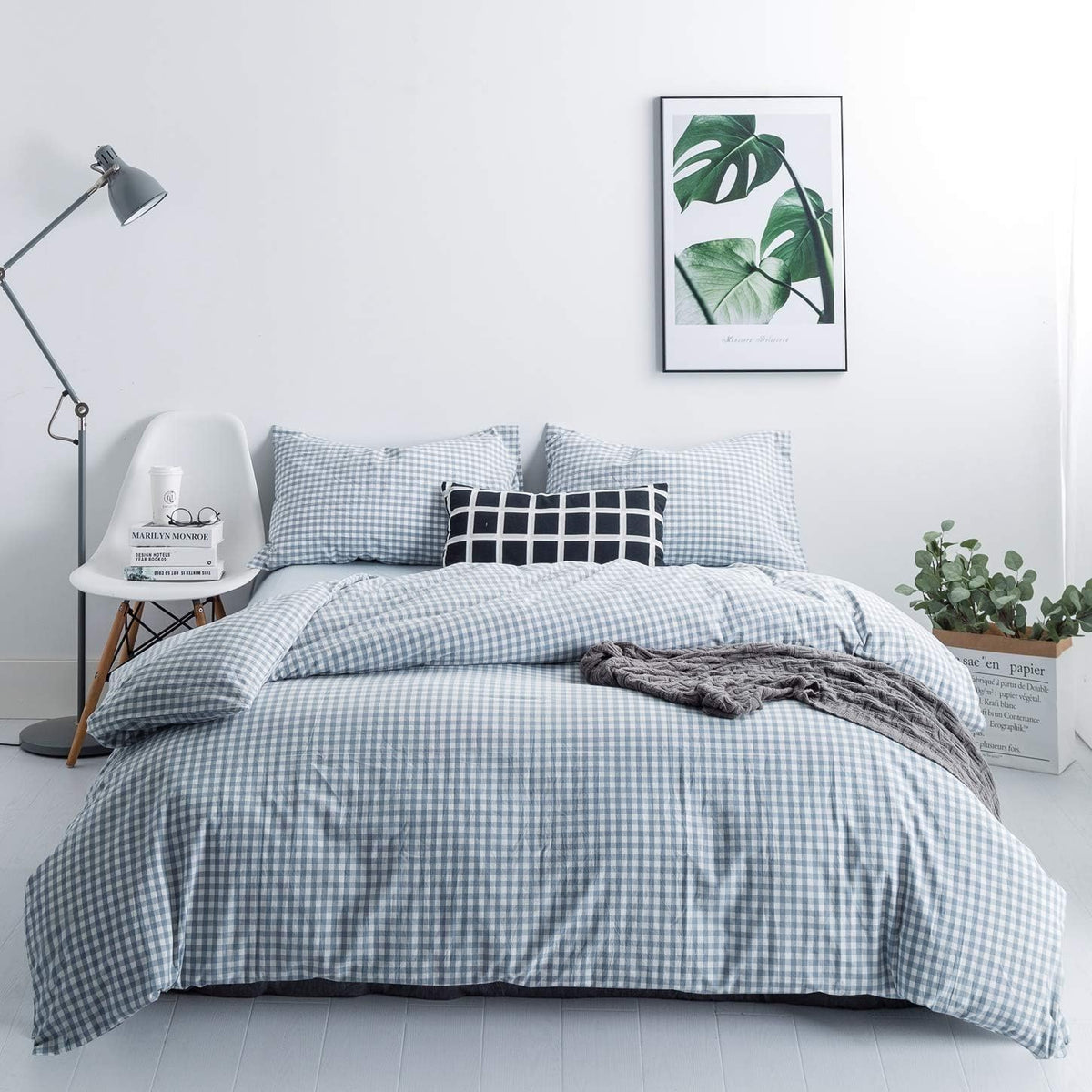 SUSYBAO Light Blue Gingham Duvet Cover Queen 100% Washed Cotton Blue Plaid Duvet Cover Set 3 Pieces 1 Blue Grid Duvet Cover with Zipper Ties 2 Pillow Cases Luxury Gingham Plaid Bedding Set Breathable