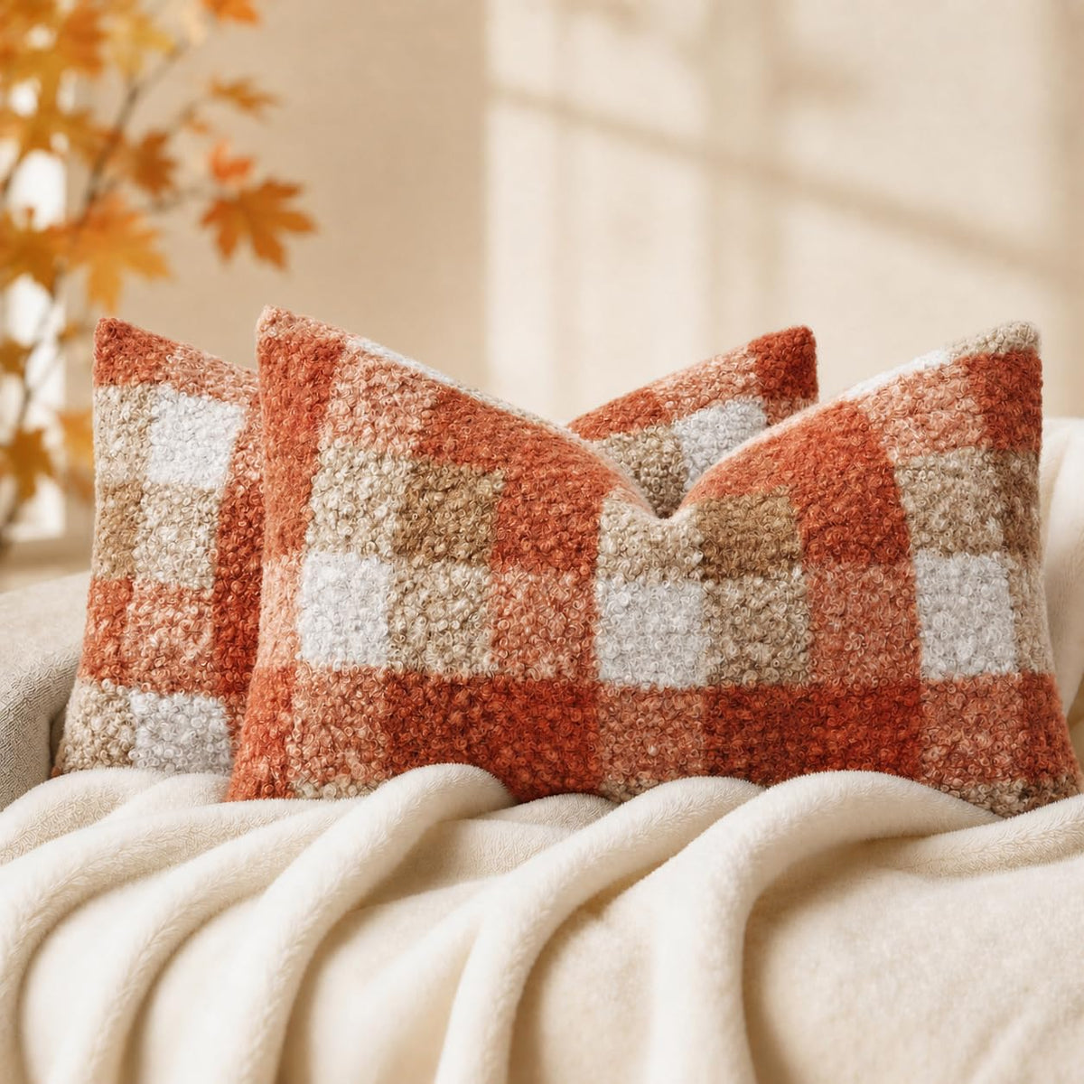 decorUhome Faux Fur Plaid Throw Pillow Covers 20X20 Set of 2 Khaki Brown