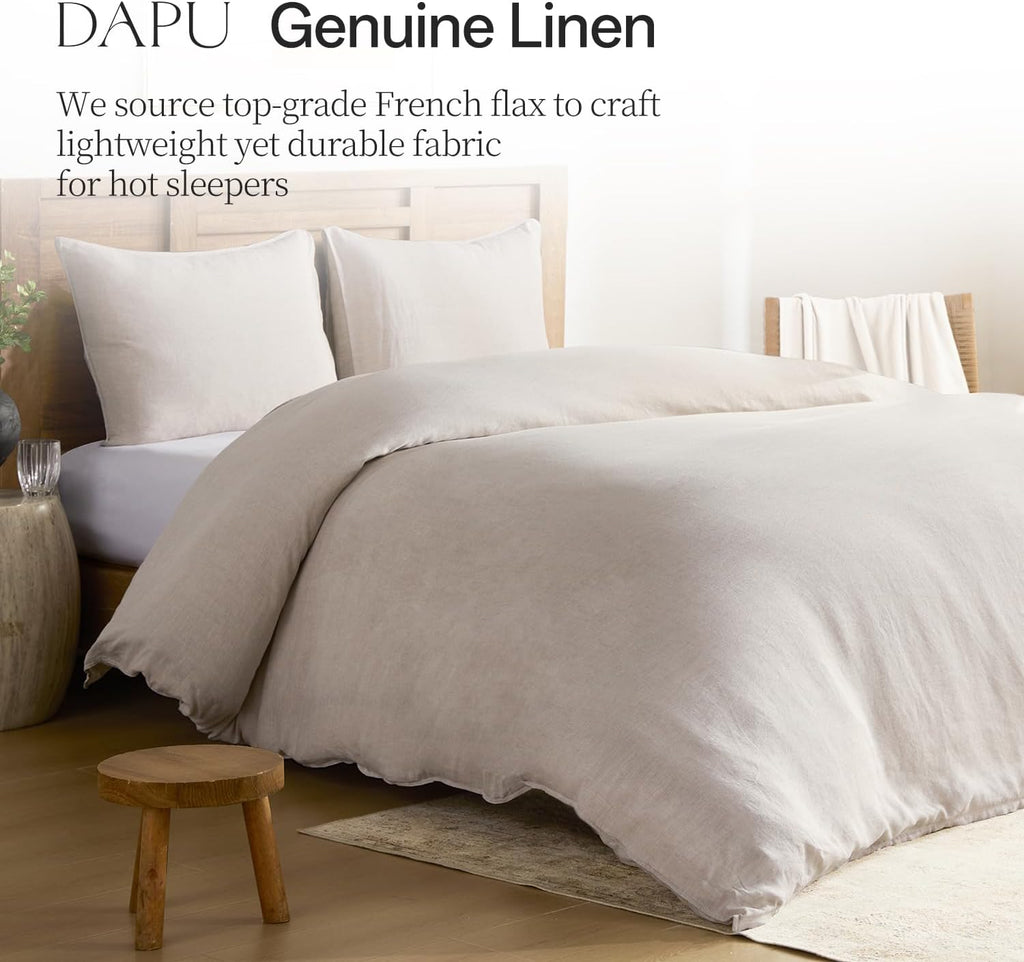DAPU 100% French Linen Duvet Cover 3Pcs Set, 170GSM Linen Bedding, Queen