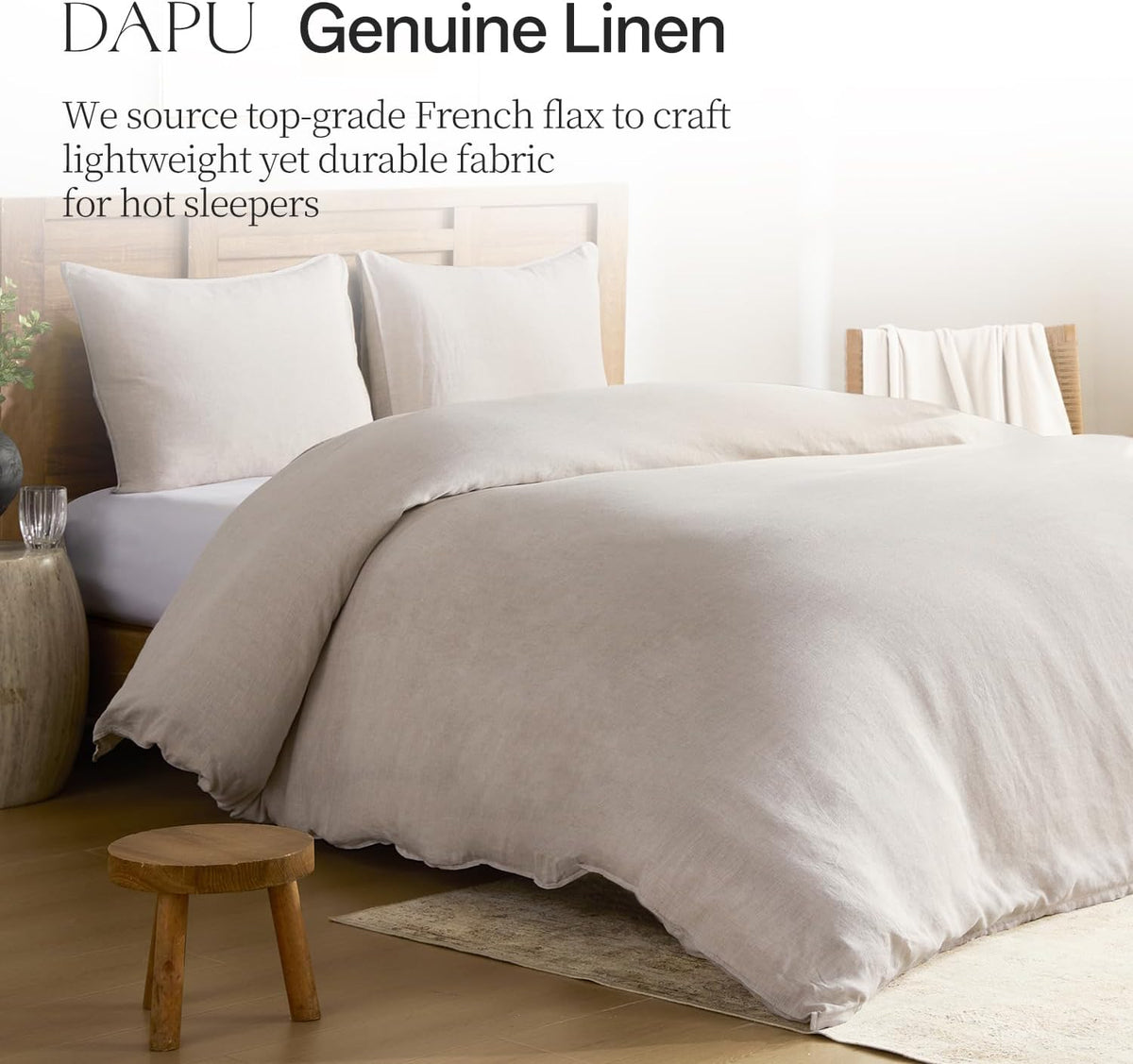 DAPU 100% French Linen Duvet Cover 3Pcs Set, 170GSM Linen Bedding, Queen