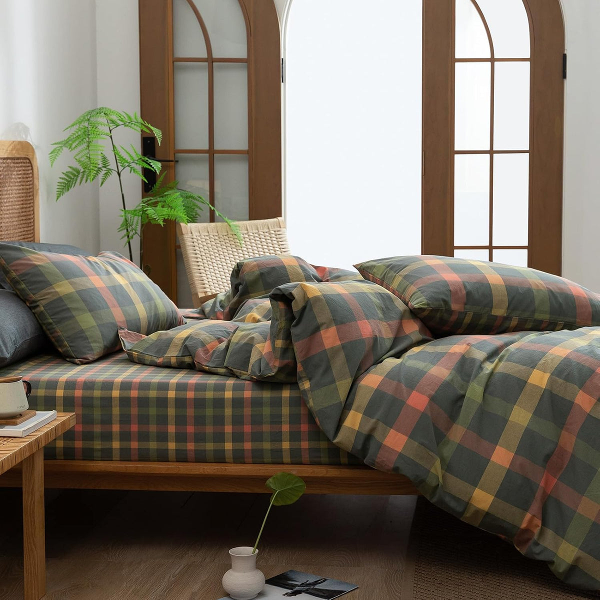 Plaid Duvet Cover Set Washed Cotton,Queen(90"x90"),Multicolor Gingham