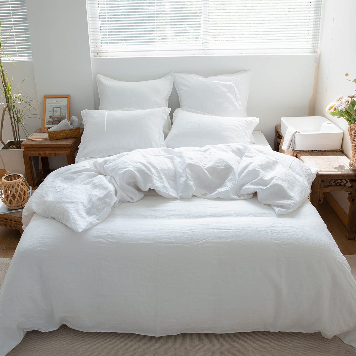 Simple&Opulence 100% Linen Duvet Cover Set 3pcs Basic Style Natural French Washed Flax Solid Color Soft Breathable Farmhouse Bedding with Button Closure - Linen, King