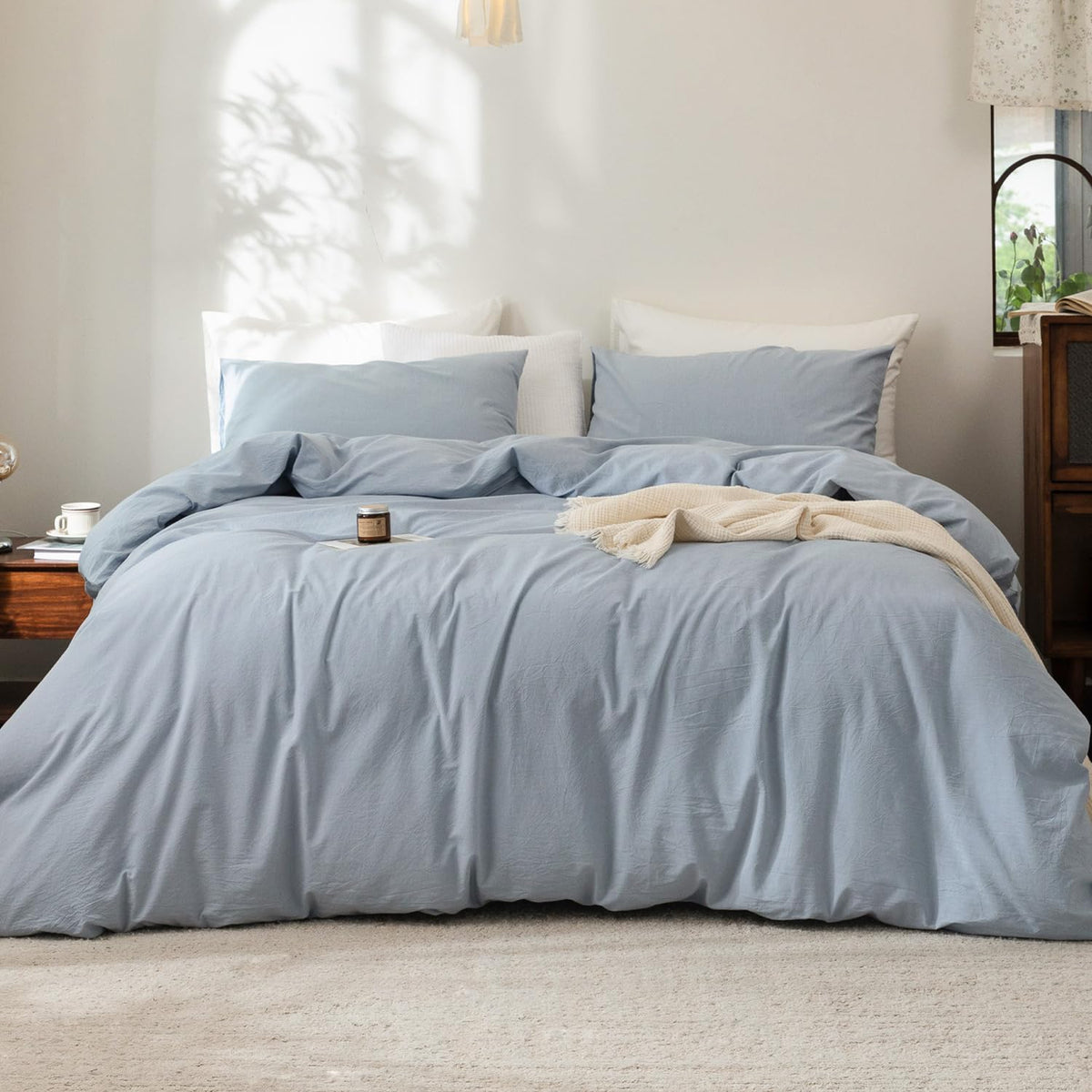 FOSSA Duvet Cover Set 100% Washed Cotton Linen Feel Queen