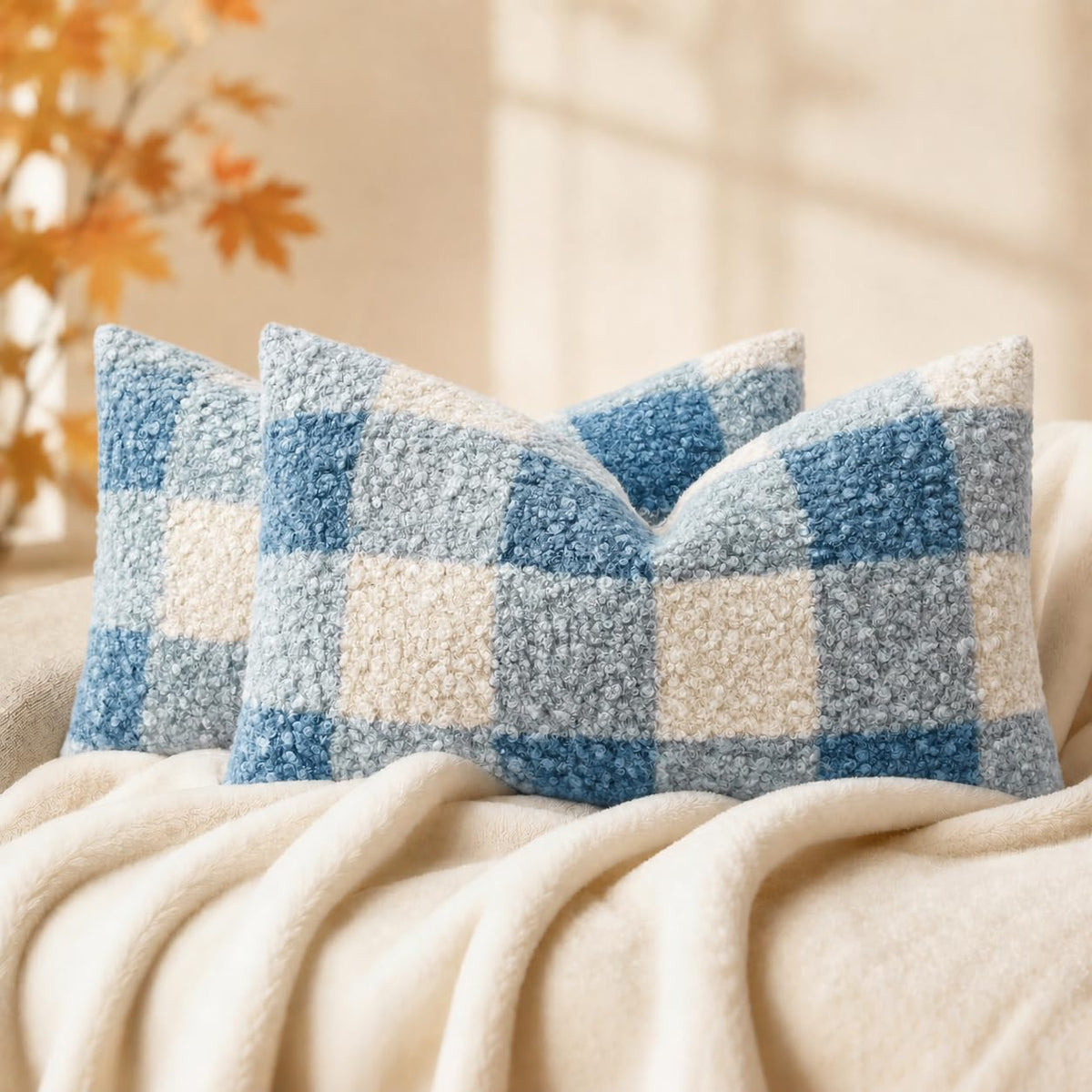 decorUhome Faux Fur Plaid Throw Pillow Covers 20X20 Set of 2 Khaki Brown