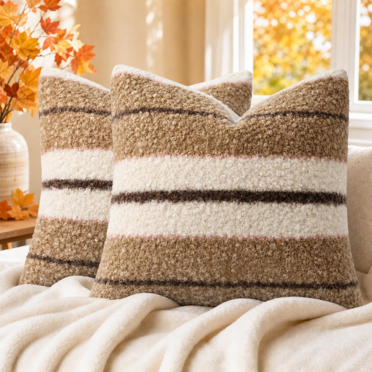 decorUhome Faux Fur Plaid Throw Pillow Covers 20X20 Set of 2 Khaki Brown