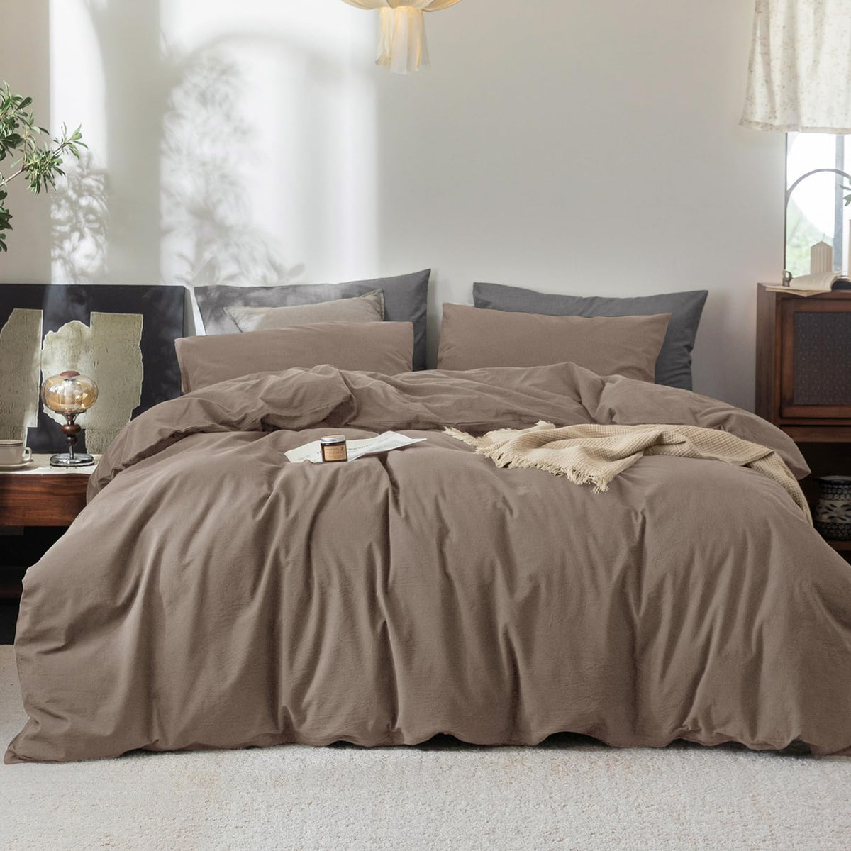 FOSSA Duvet Cover Set 100% Washed Cotton Linen Feel Queen