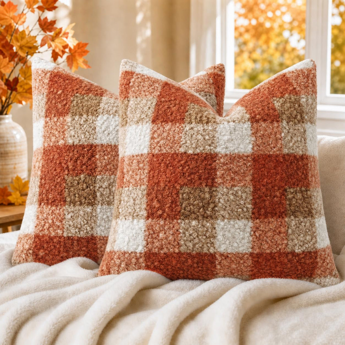 decorUhome Faux Fur Plaid Throw Pillow Covers 20X20 Set of 2 Khaki Brown