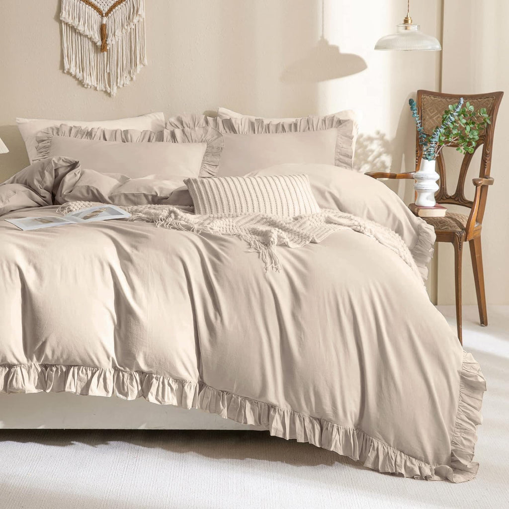 QSH Washed Cotton Duvet Cover King Ruffle Duvet Cover Linen Textured Farmhouse Shabby Vintage Chic Bedding Comforter Cover 3 PCs Aesthetic French Country Vintage King Bedding