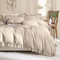 QSH Washed Cotton Duvet Cover King Ruffle Duvet Cover Linen Textured Farmhouse Shabby Vintage Chic Bedding Comforter Cover 3 PCs Aesthetic French Country Vintage King Bedding