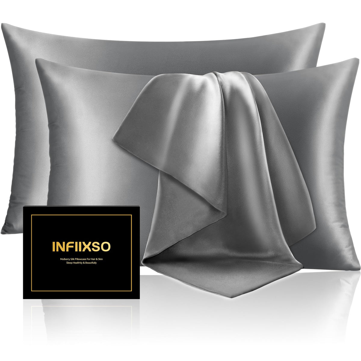 INFIIXSO Silk Pillow Cases 2 Pack, Standard Size, Hidden Zipper, Light Grey