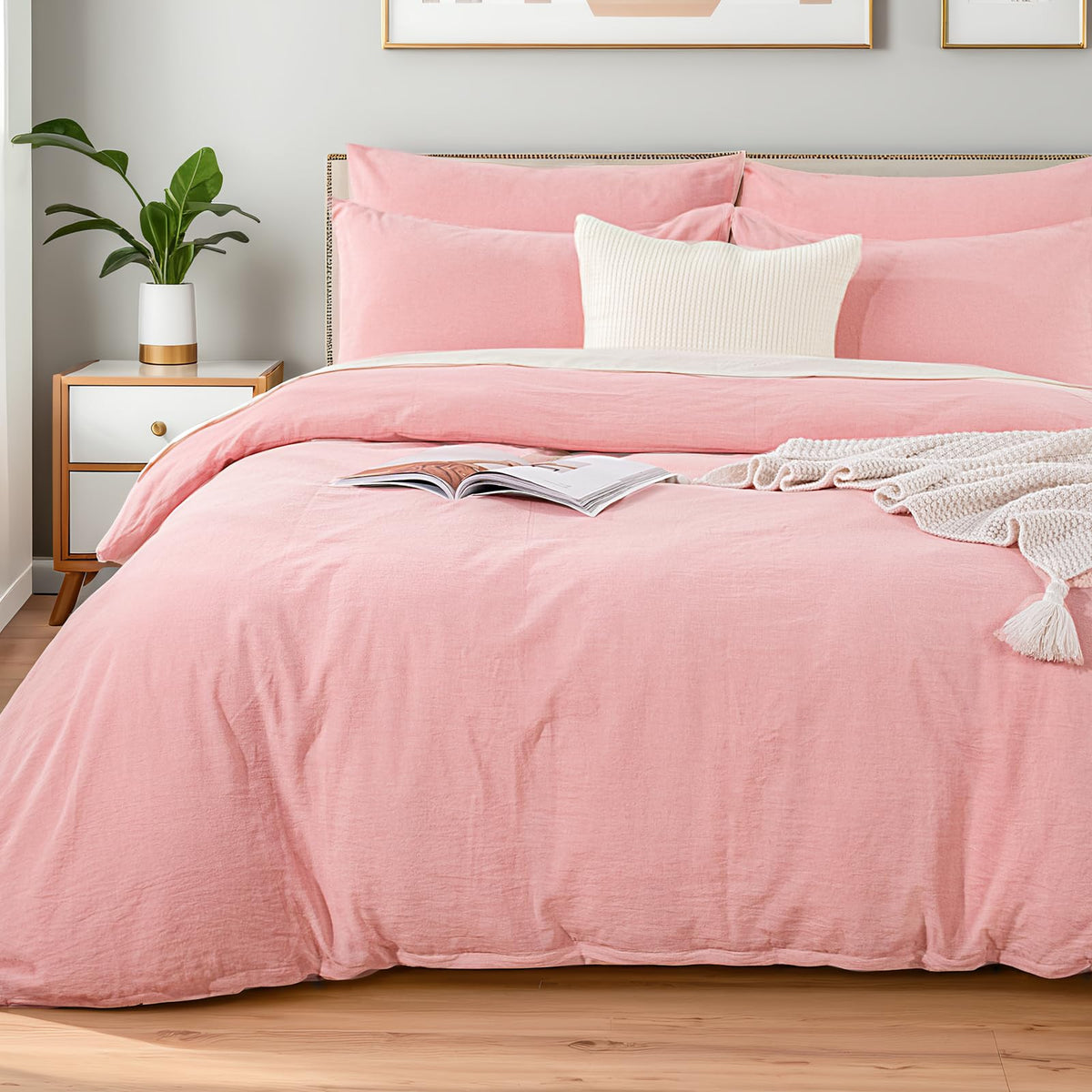 NEXHOME PRO Duvet Cover Set Queen Size Linen Look Textured 100% Washed Cotton Duvet Cover Burgundy Dark Red 3 Pieces Bedding Set with Zipper Closure,Breathable, Soft Organic Natural(No Comforter)