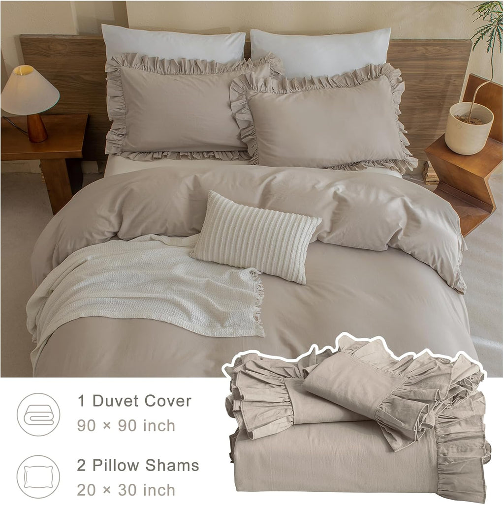 QSH Washed Cotton Duvet Cover King Ruffle Duvet Cover Linen Textured Farmhouse Shabby Vintage Chic Bedding Comforter Cover 3 PCs Aesthetic French Country Vintage King Bedding