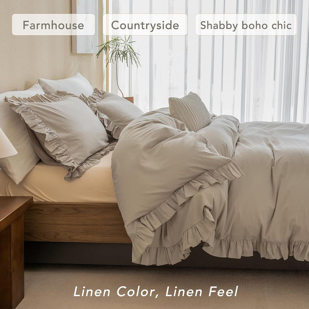 QSH Washed Cotton Duvet Cover King Ruffle Duvet Cover Linen Textured Farmhouse Shabby Vintage Chic Bedding Comforter Cover 3 PCs Aesthetic French Country Vintage King Bedding