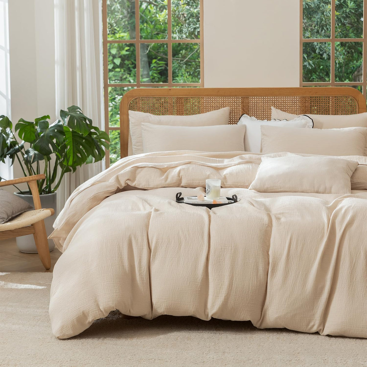 King Size Duvet Cover Set Floral Luxury Soft Brushed Microfiber Crinkle Gauze Fabric 3 Pieces Bedding Set Flower Pattern Duvet Cover King with Zipper Closure Breathable Comfy
