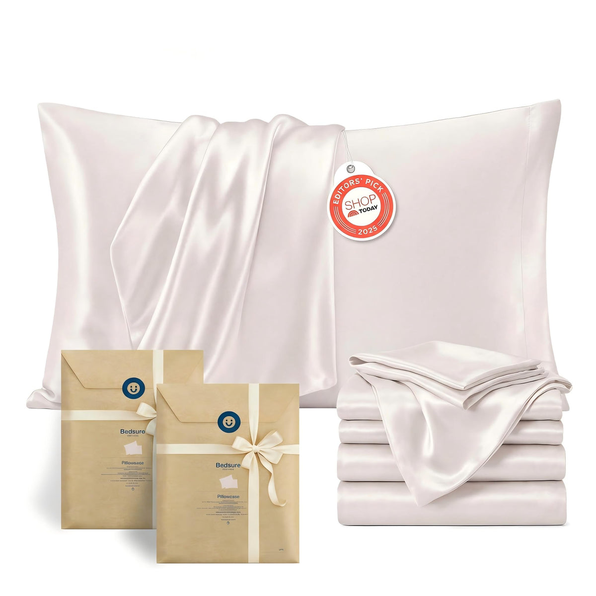 Bedsure Satin Pillowcase Standard Set of 2, Silky Pillow Cases, White