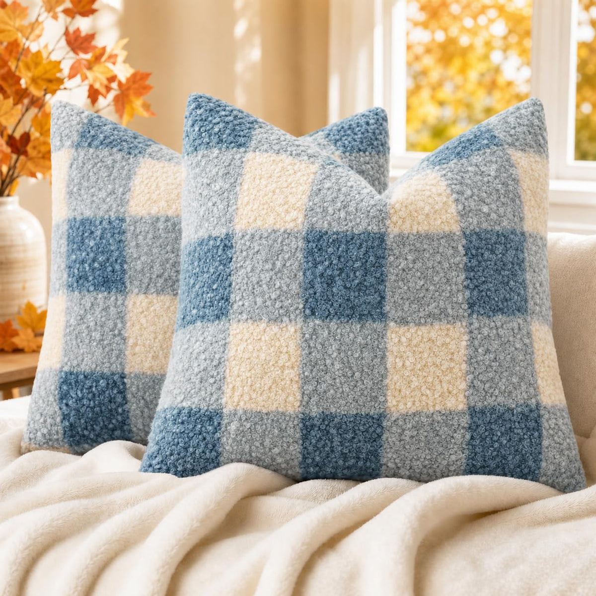 decorUhome Faux Fur Plaid Throw Pillow Covers 20X20 Set of 2 Khaki Brown