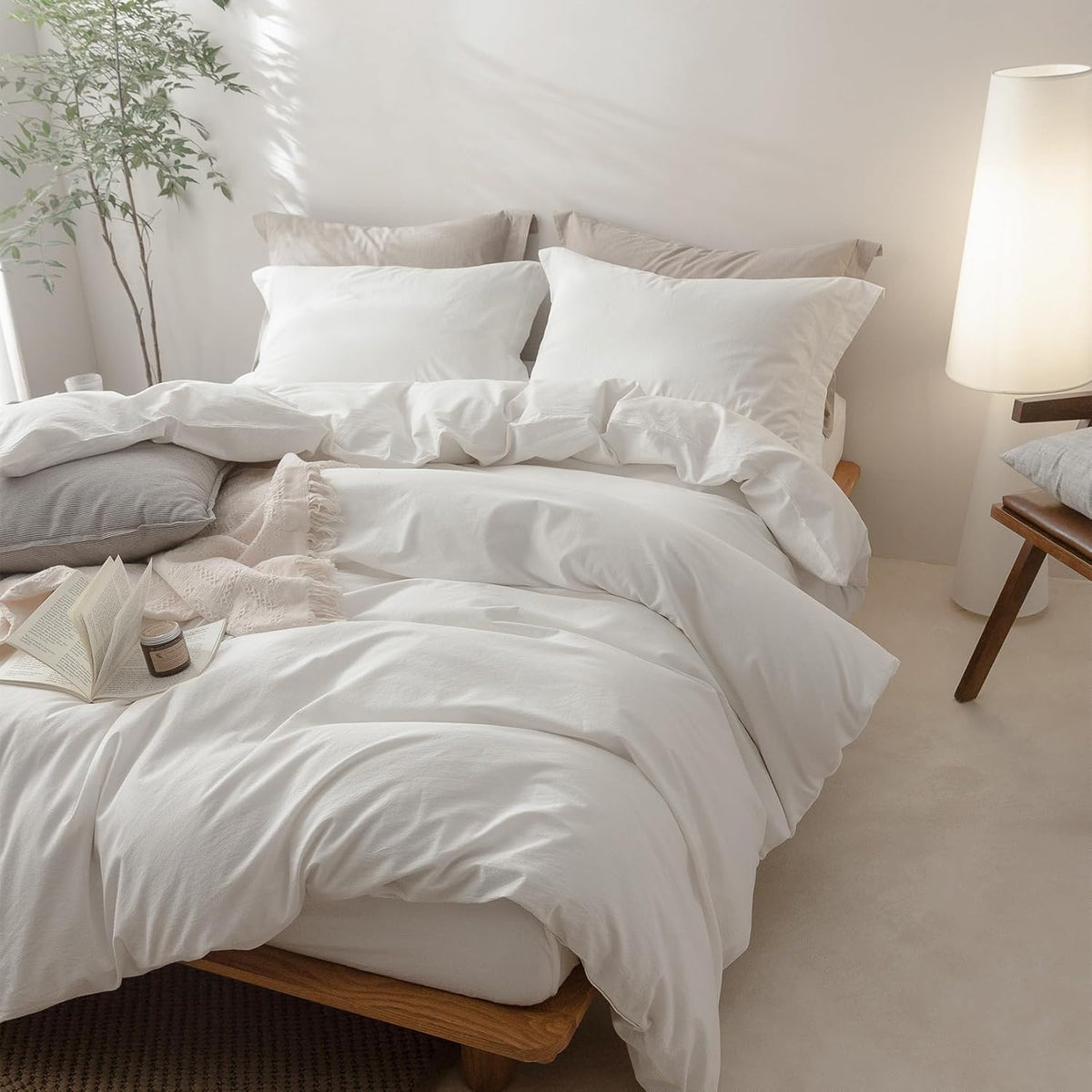 BDEAR 3Pcs Off White Duvet Cover Set Queen Size 90" L x 90" W, Oeko TEX
