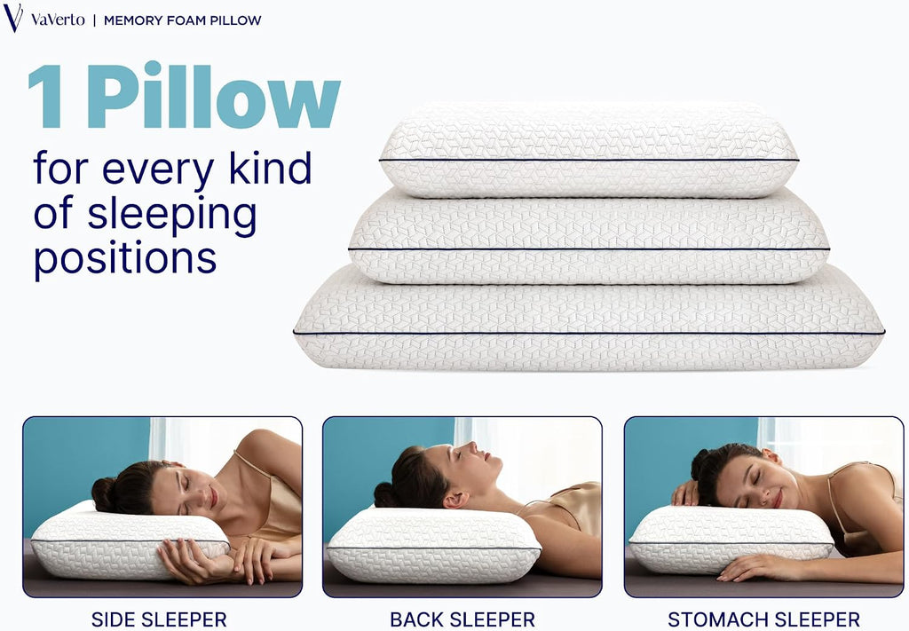 Vaverto Memory Foam Pillows - Cooling Firm Pillow - Standard Size 1-Pack