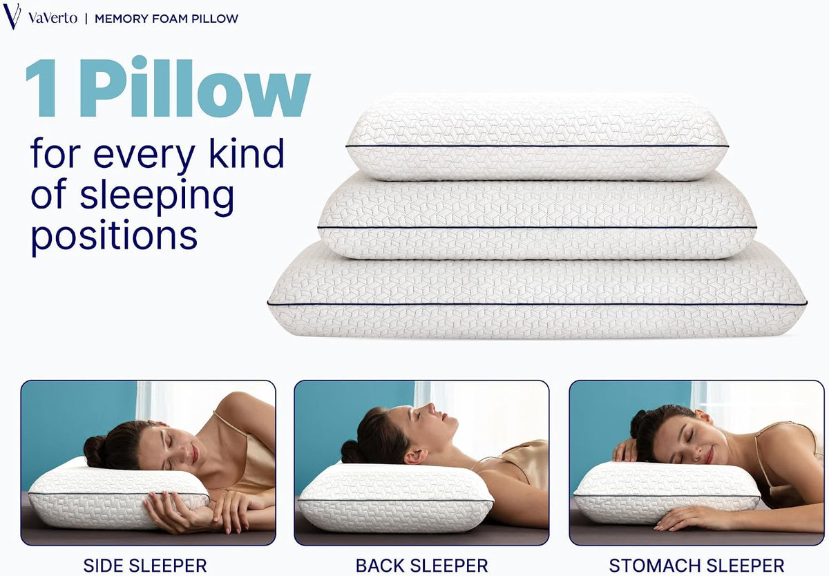 Vaverto Memory Foam Pillows - Cooling Firm Pillow - Standard Size 1-Pack