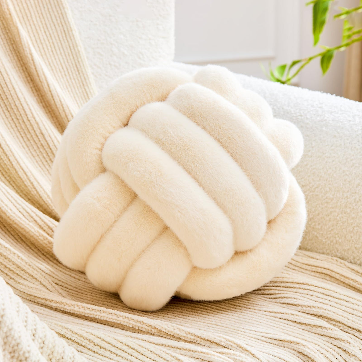 Uvvyui Knot Pillow Ball, Soft Home Decorative Round Throw Pillow, Handmade Knotted Plush Pillow, Round Boucle Pillow Cushion (8.6 Inches Ivory)