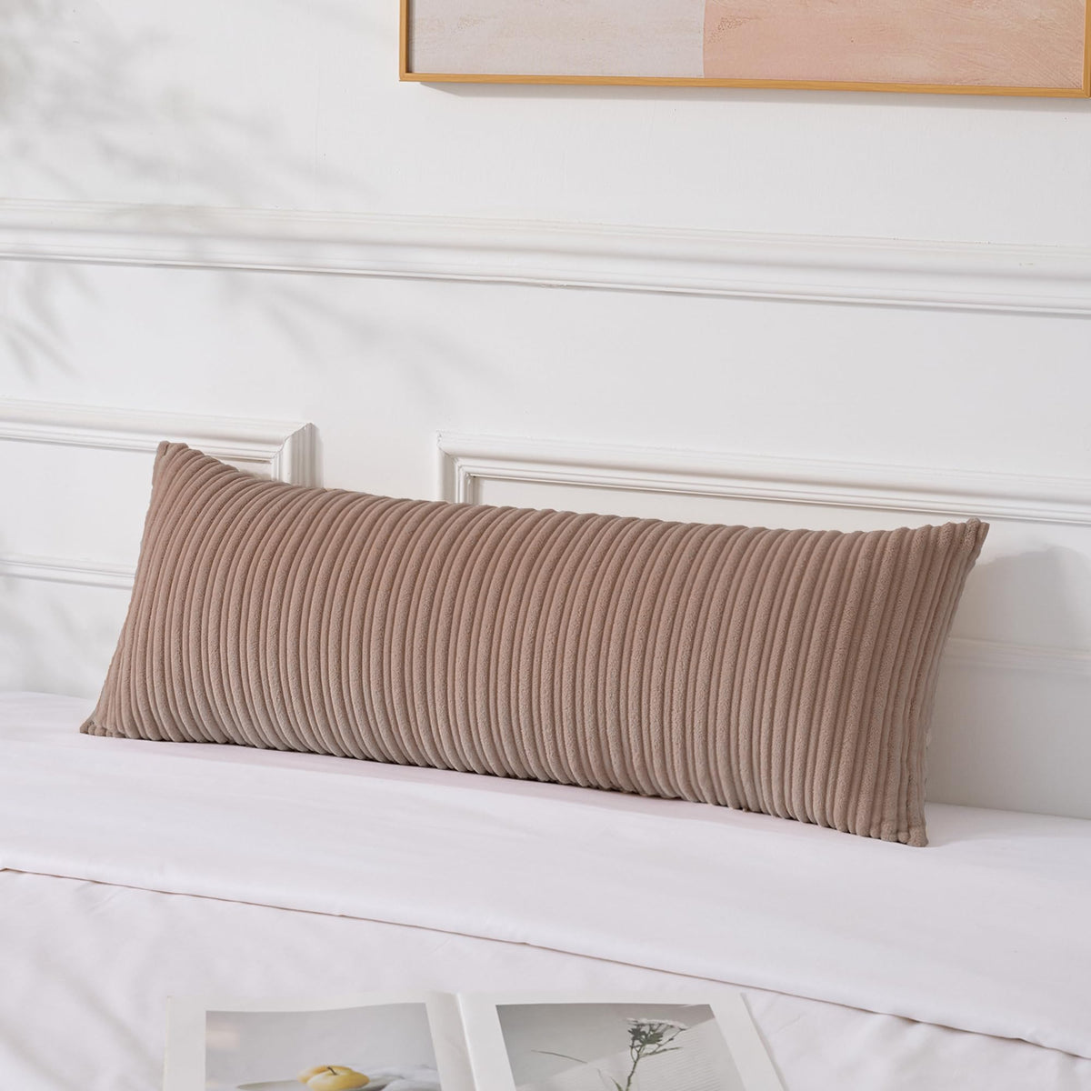 UGASA Velvet 12x20 Inch Lumbar Soft Throw Pillow Cover Boho Farmhouse Decorative Corduroy Striped Both Sides Solid Rectangular Cushion Case for Couch Bedroom Sofa Home, 1 Piece, Beige