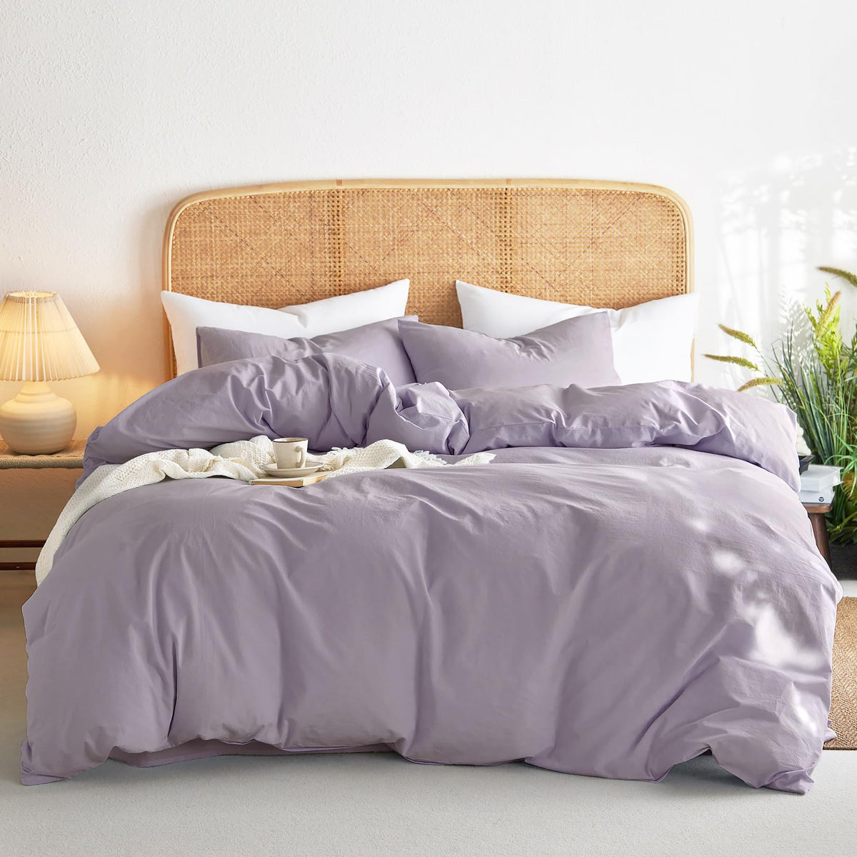 Wake In Cloud - Cotton Duvet Cover Set, 100% Washed Cotton, Linen Like Textured, Breathable Durable Comfy Farmhouse Neutral Bedding Set, 3 Pieces, Denim Blue, Queen Size