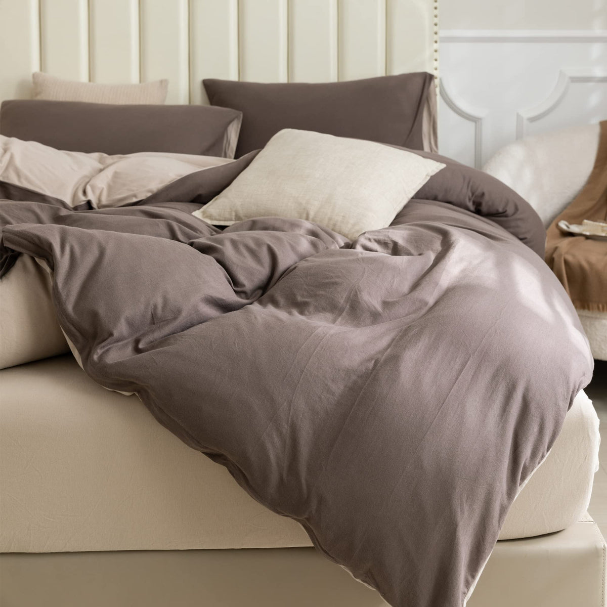 PURE ERA Jersey Knit Duvet Cover Set 100% T-Shirt Cotton Super Soft Comfy 3pc Bedding Set with Zipper Closure (Heather Beige, Queen)