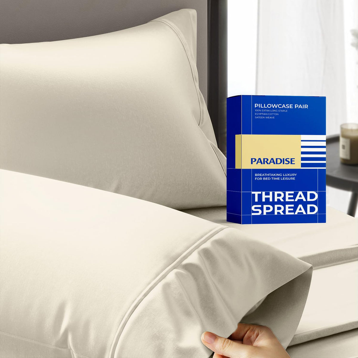 Thread Spread 100% Egyptian Cotton Pillow Cases Queen Size Set of 2 - Luxury 1000 Series Paradise Collection Queen Pillow Cases (White), Soft Cooling Sateen Hotel Egyptian Cotton Pillowcases