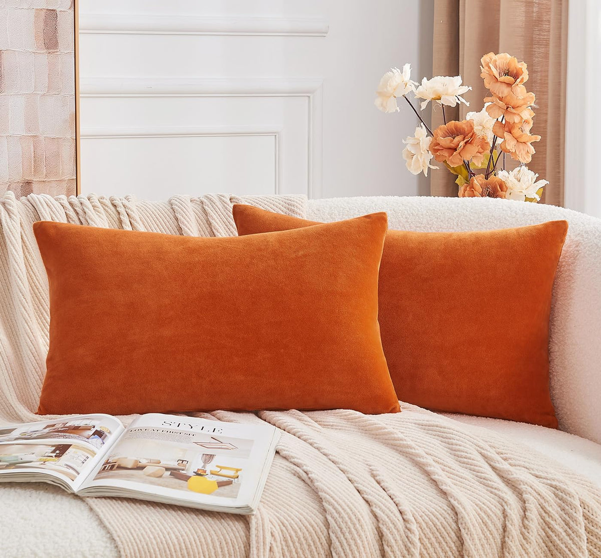 Throw Pillow Covers Mustard Yellow Set of 2 18x18 Inch Fall Pillow Covers, Soft Velvet Farmhouse Neutral Decorative Pillowcases for Couch Sofa Bed, Home Boho Decor, Modern Cushion Covers