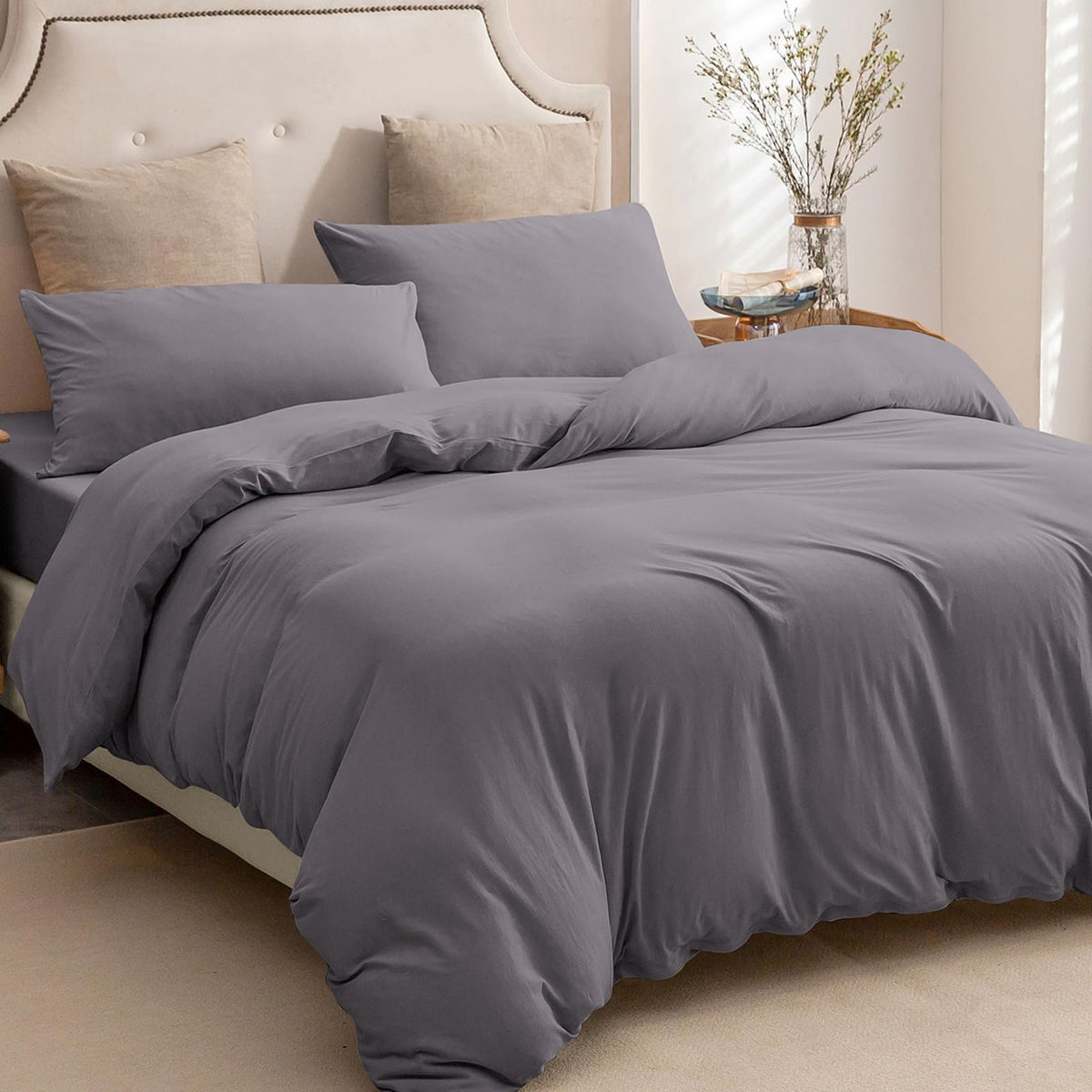 PURE ERA Jersey Knit Duvet Cover Set 100% T-Shirt Cotton Super Soft Comfy 3pc Bedding Set with Zipper Closure (Heather Beige, Queen)