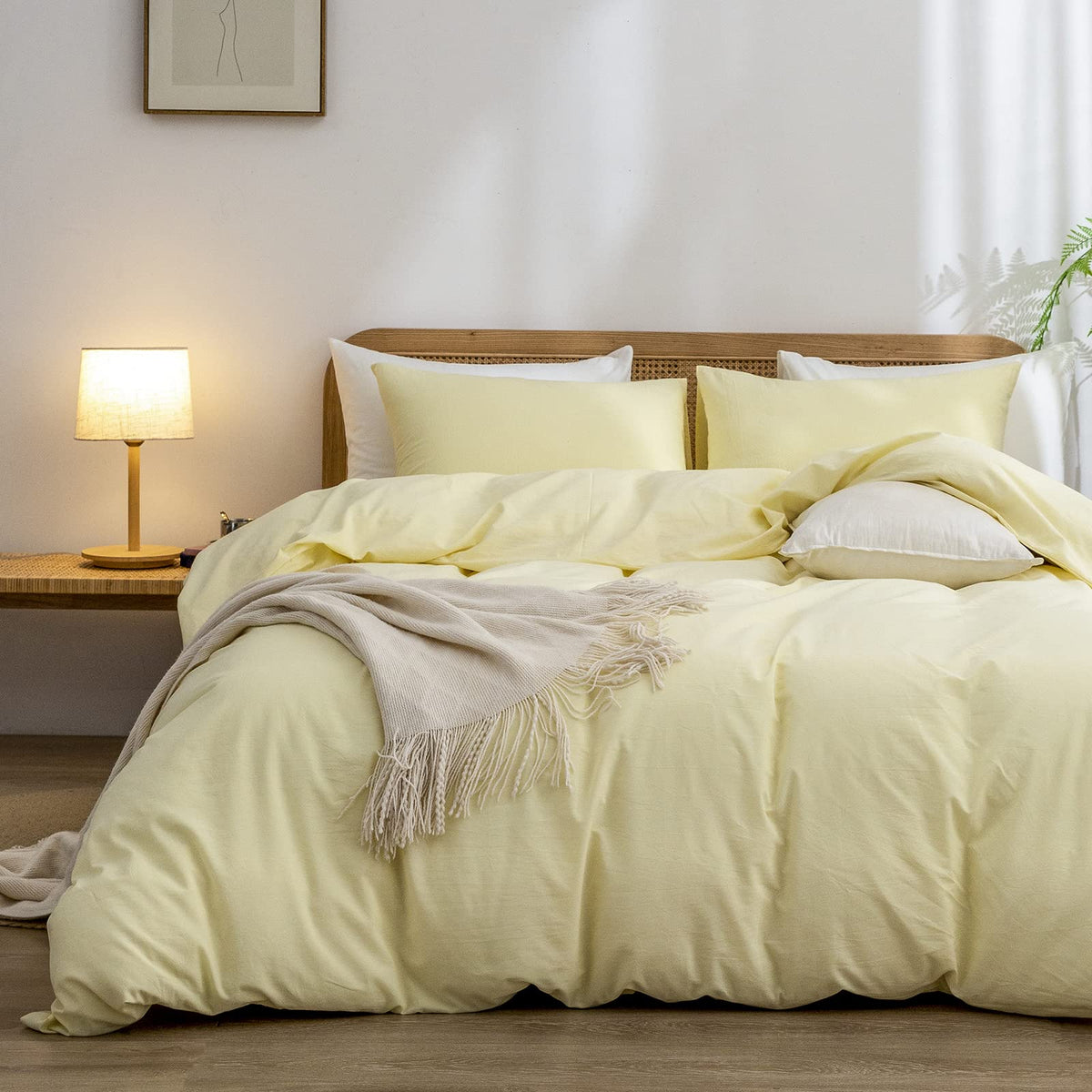 BESTOUCH Cotton Solid Duvet Cover Set Linen Feel Off White Queen