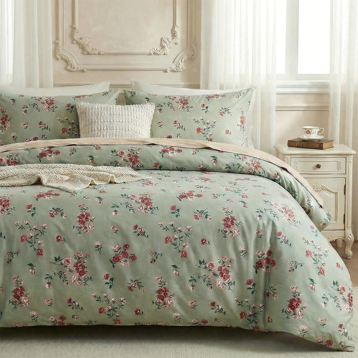 Duvet Cover Queen Size - 100% Cotton Reversible Floral Queen Duvet Cover Set with Zipper Closure, 3 Pieces Soft & Breathable Green Bedding Set for All Seasons