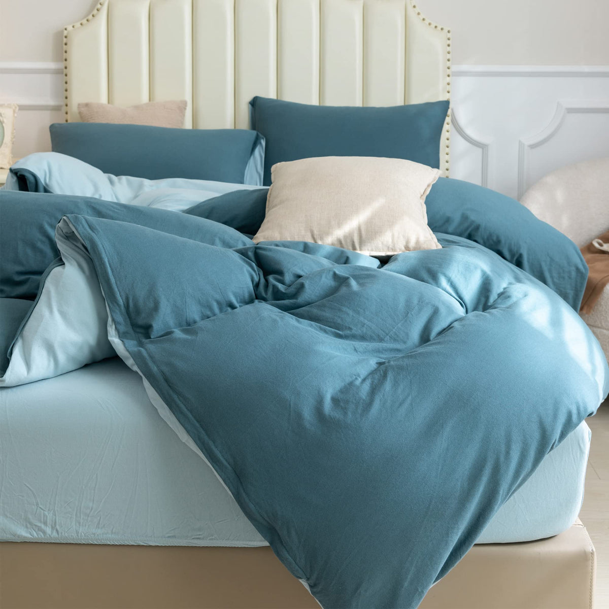 PURE ERA Jersey Knit Duvet Cover Set 100% T-Shirt Cotton Super Soft Comfy 3pc Bedding Set with Zipper Closure (Heather Beige, Queen)