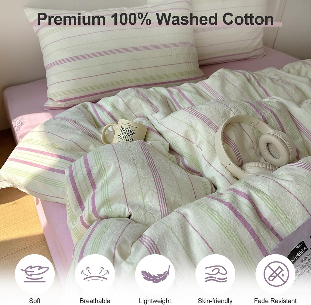 EAVD Retro Striped Duvet Cover Queen Soft 100% Washed Cotton Green Purple