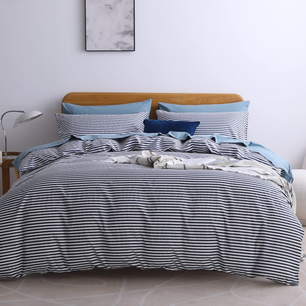 JELLYMONI 100% Cotton Classic Striped Queen Duvet Cover Set, Tan/White